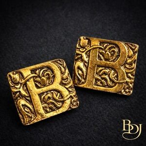 Vintage Gold Tone Square Initial B Baroque Scroll Clip On Earrings Old World